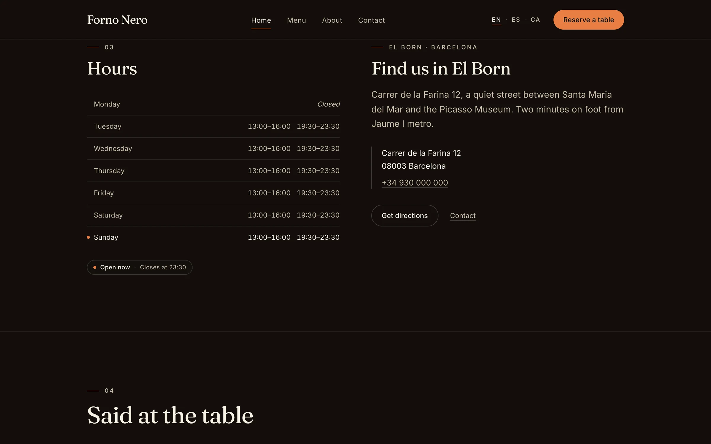 Hours, live open status and the way there, side by side.