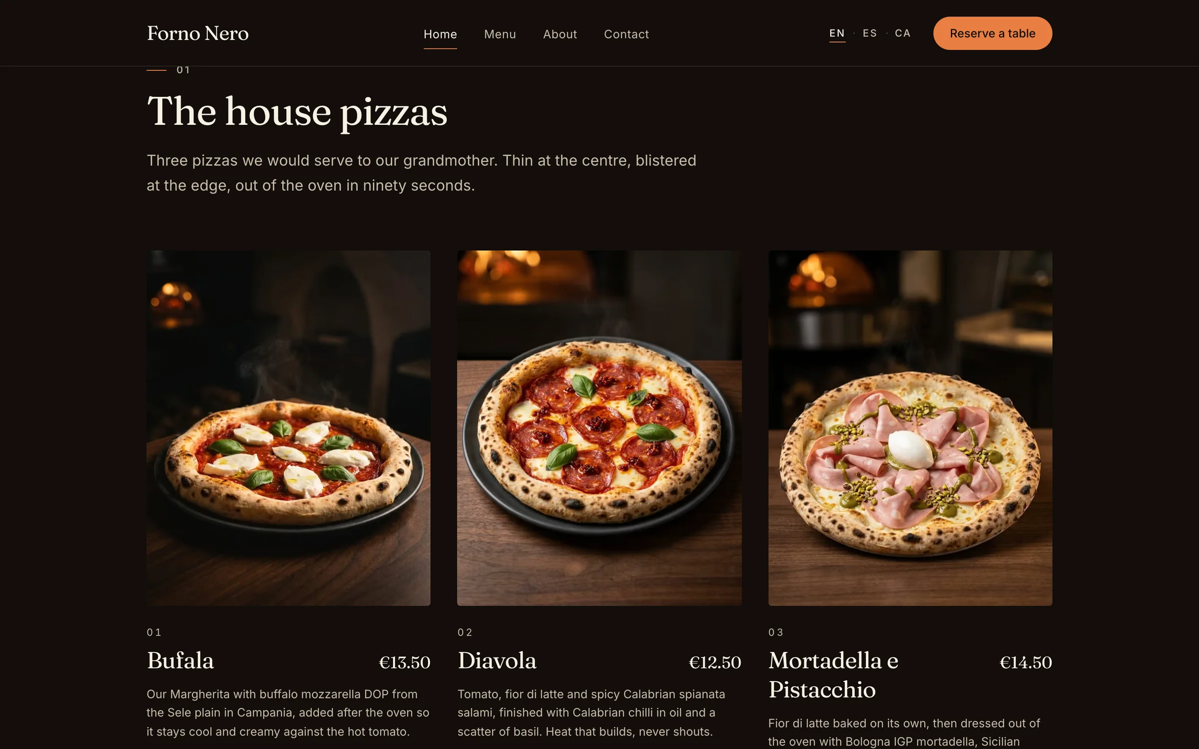 The house pizzas, with honest prices and short descriptions.