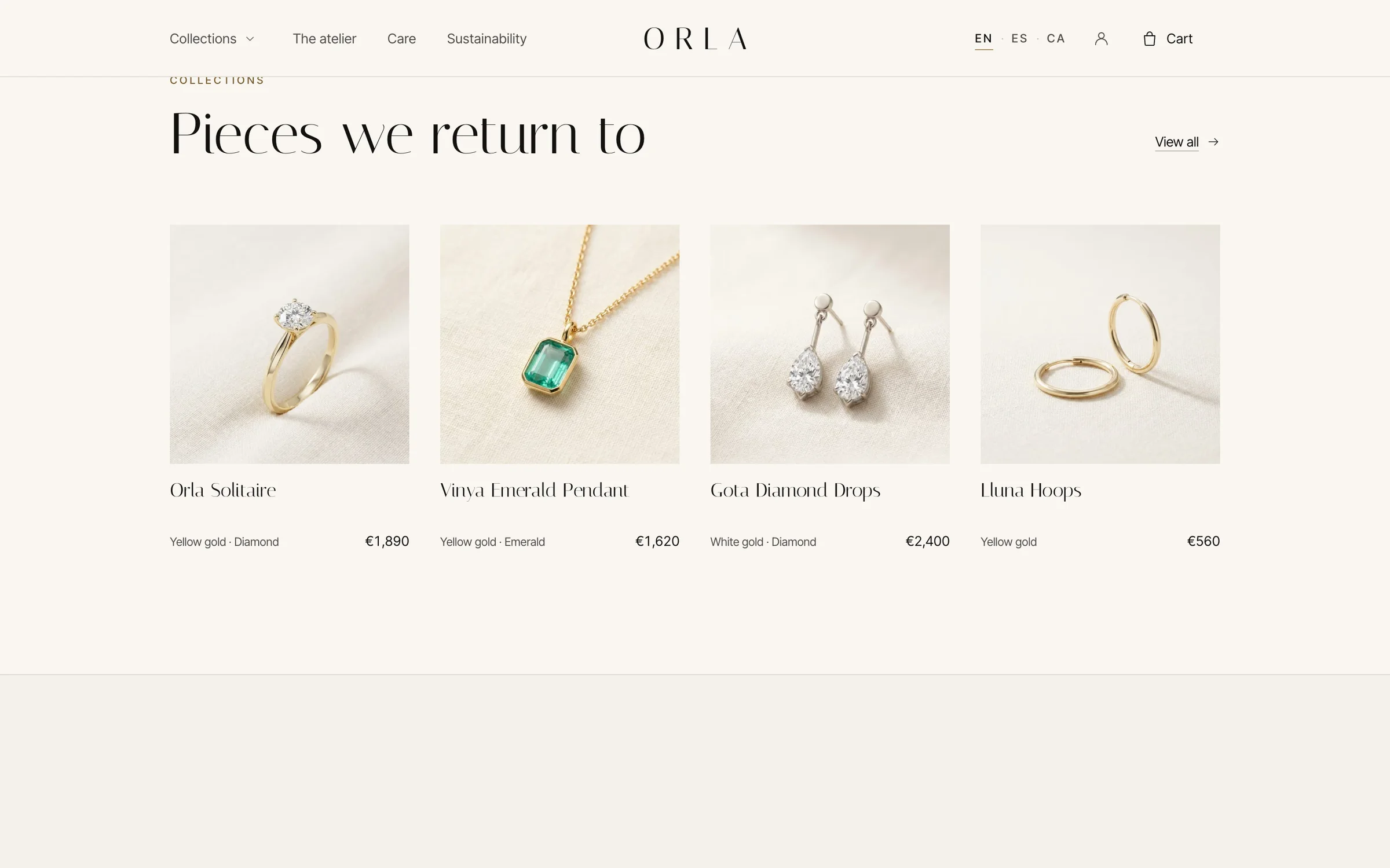 Signature pieces with material and price kept small and exact.