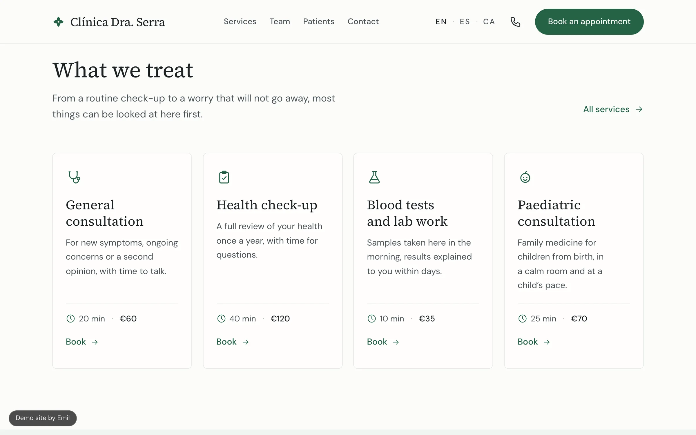 What we treat: each service with its duration and price.