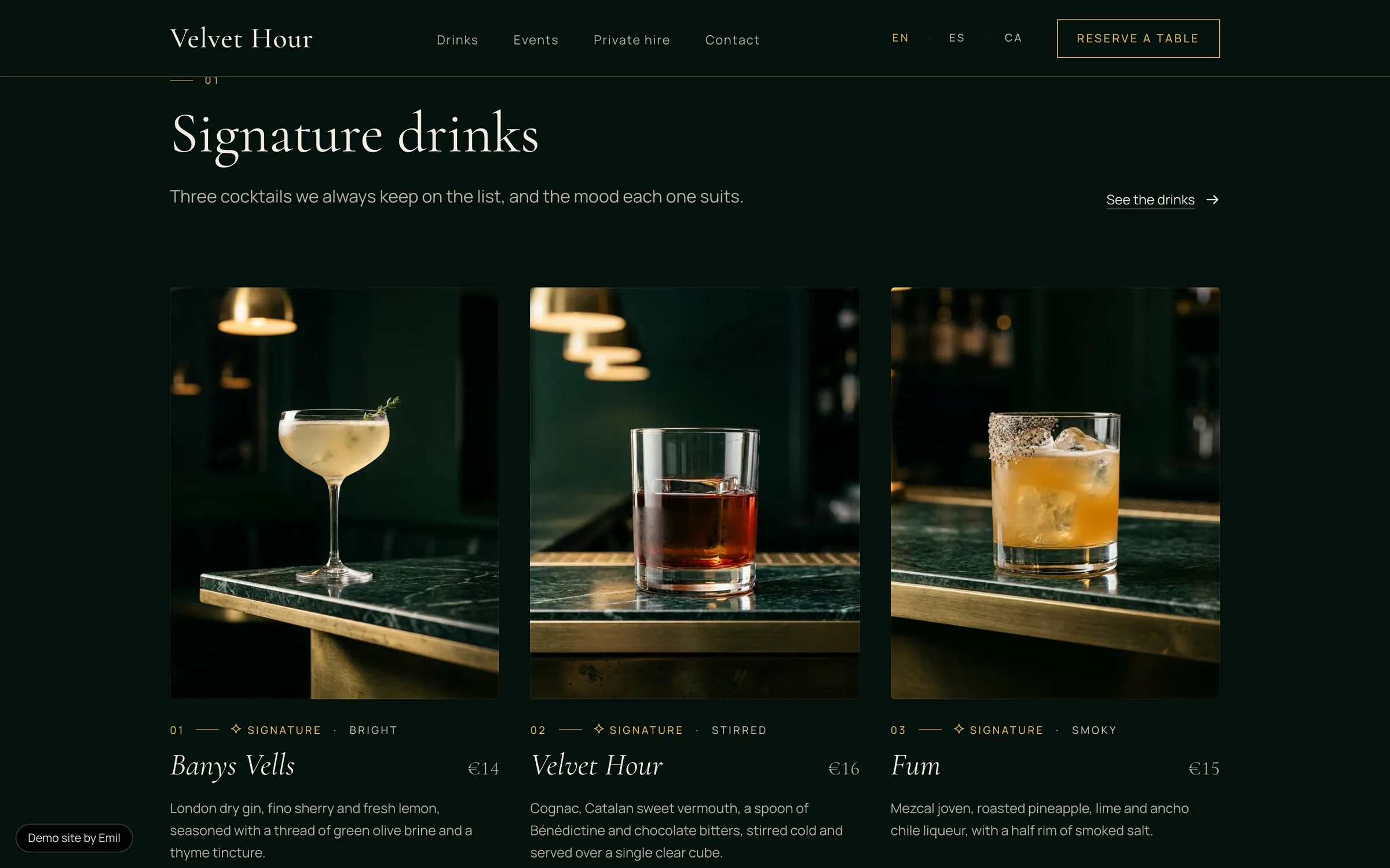 Signature drinks, presented like a menu card.