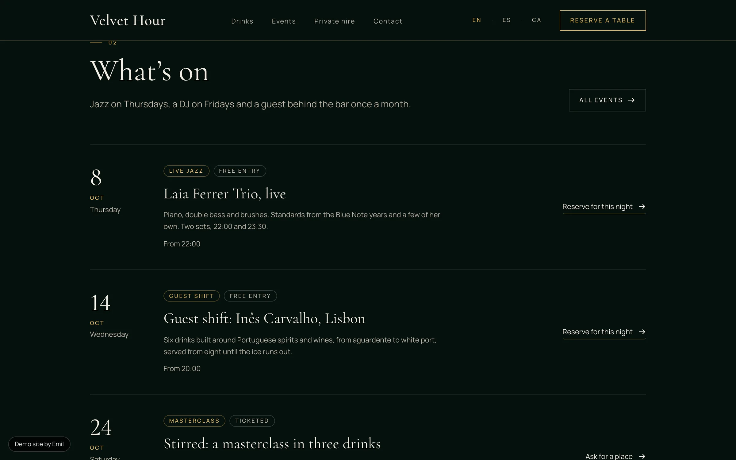 What's on: live music and guest shifts, each one bookable.
